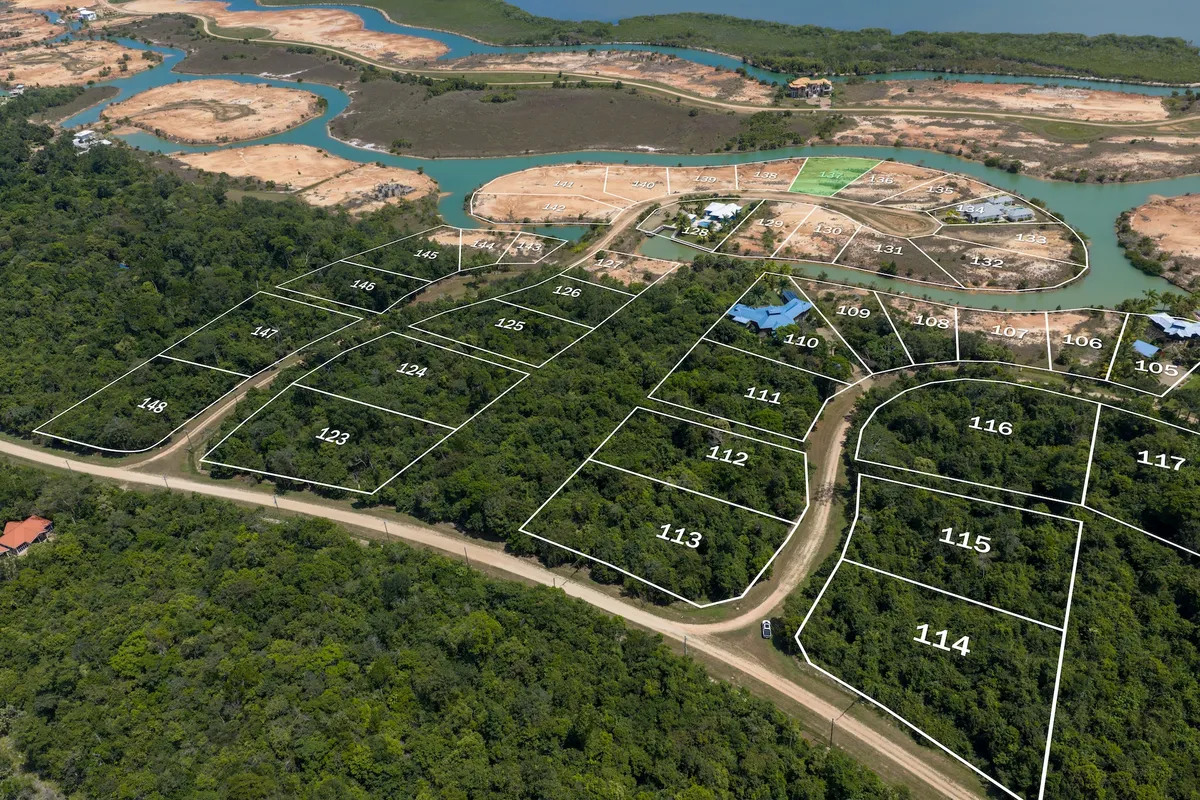 Aerial view of numbered lot outlines over wooded land beside a winding waterway