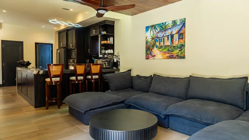 Living room with dark gray sectional sofa and colorful painting of a cottage