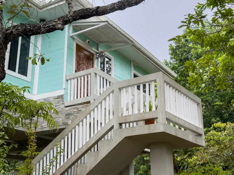 Mint green house facade with carved wooden door and white railed staircase