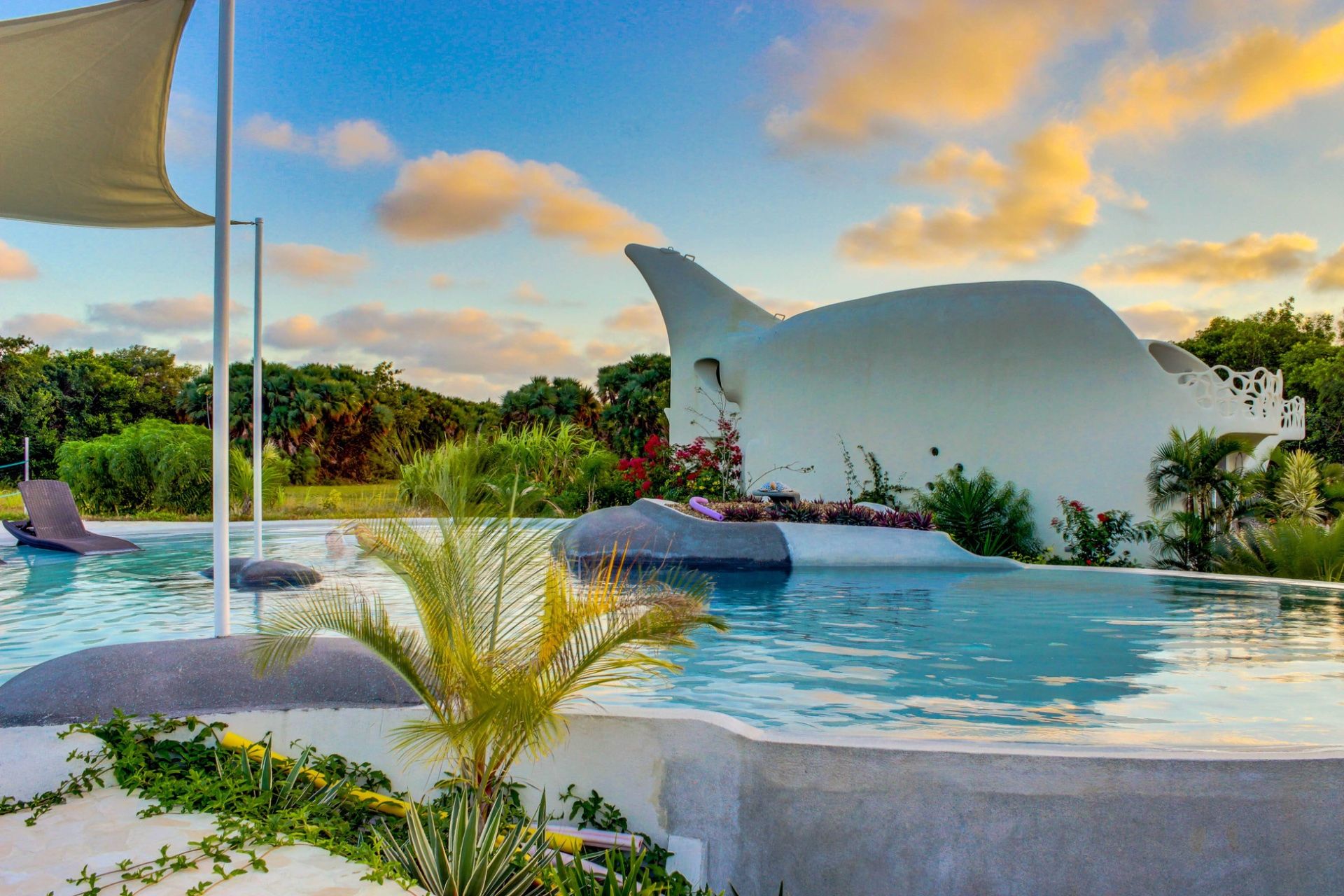 Pool beside a white sculpted building shaped like a manta ray