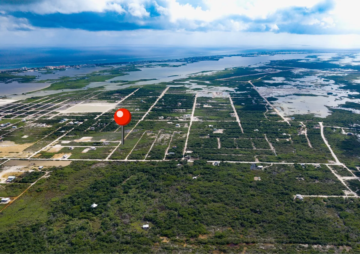 Aerial view of subdivided lots with scattered small buildings near water