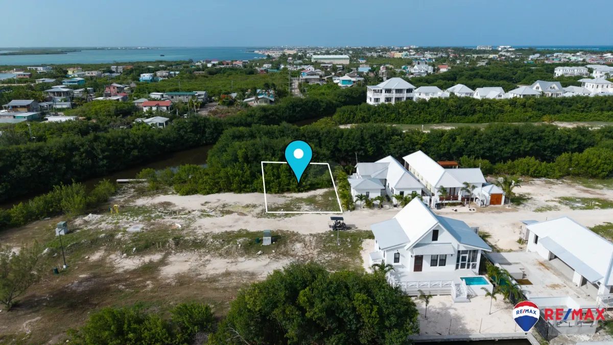Aerial view of a vacant lot outlined in white, beside white houses and dense green trees