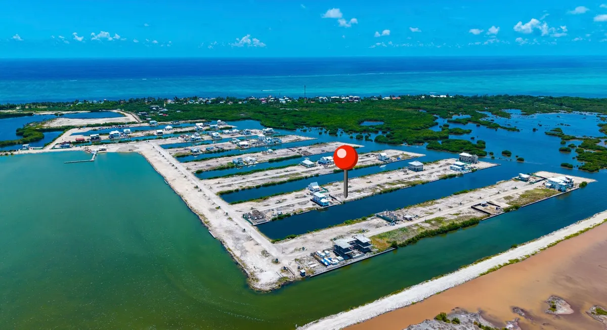 Aerial view of canal-lined waterfront lots with scattered houses and a red location pin