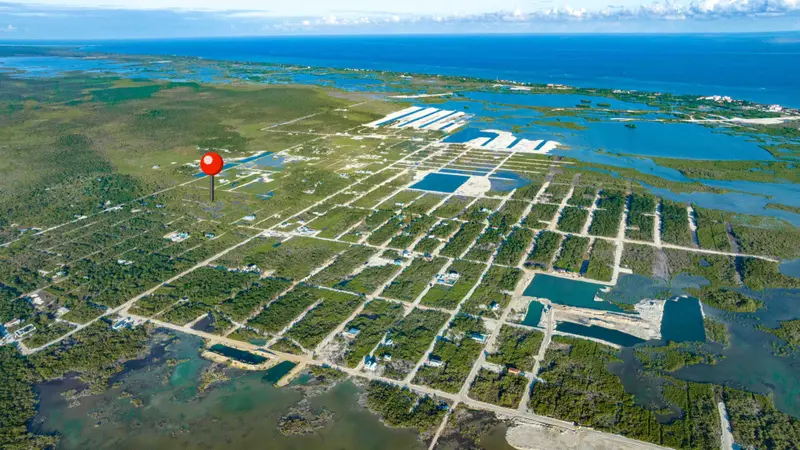 Aerial view of subdivided lots with scattered houses and sea beyond