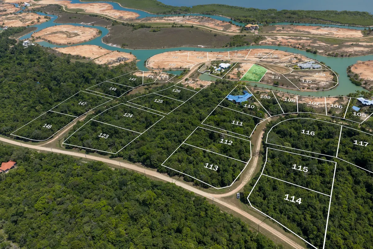 Aerial view of numbered lots outlined over wooded land beside a winding waterway