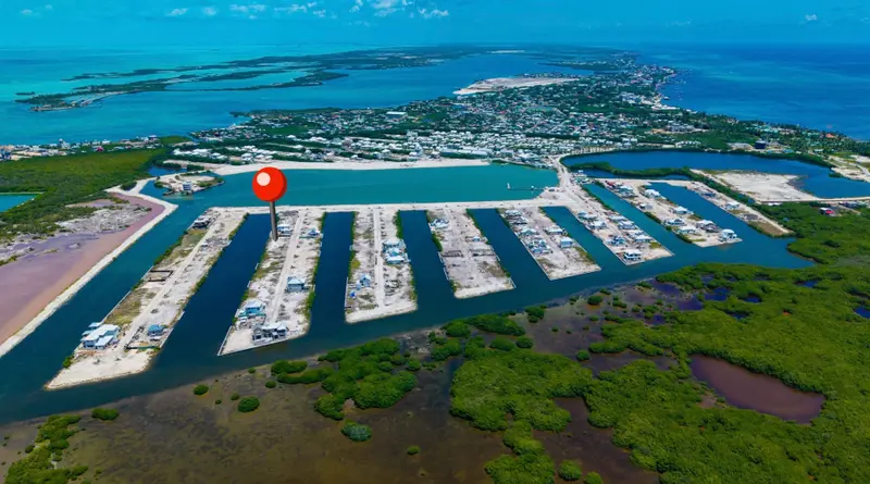 Aerial view of waterfront lots along canals with scattered homes and mangroves