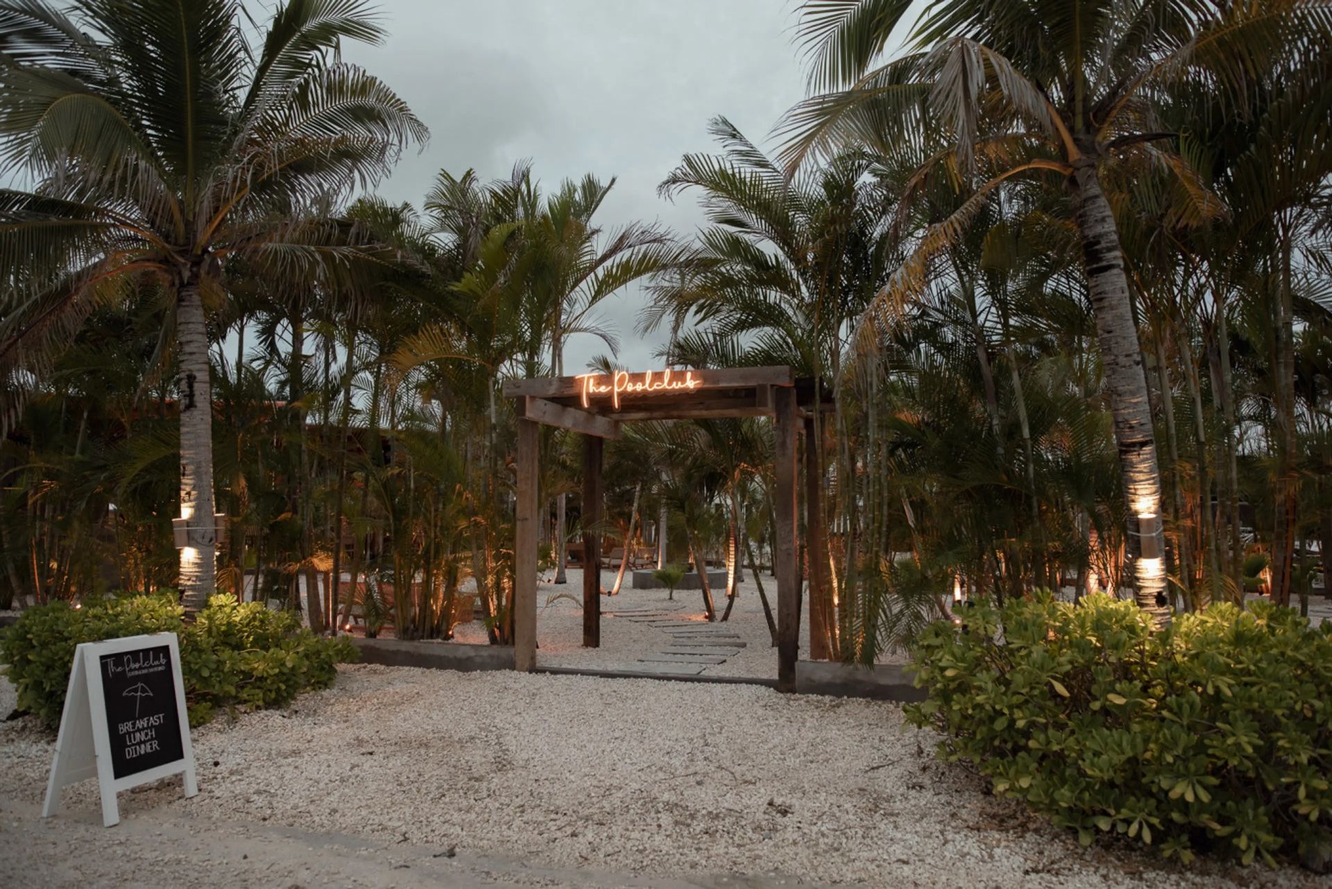 Wooden entrance arch with glowing neon sign beneath palm trees