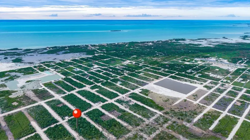 Aerial view of subdivided coastal lots with scrubby vegetation and turquoise sea beyond